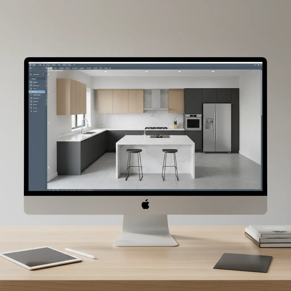 Digital kitchen layout planning with cabinets appliances and work triangle in design software
