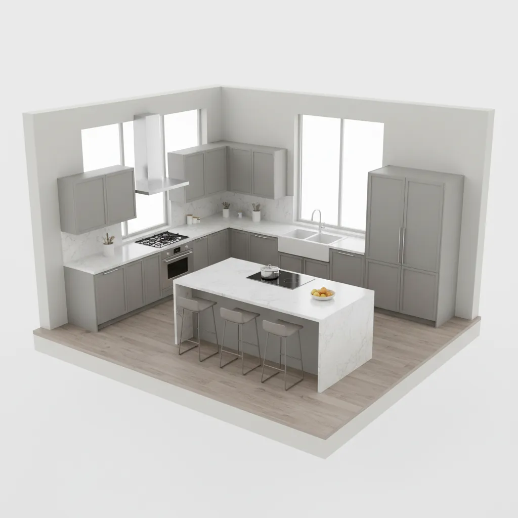 3D kitchen layout visualization showing cabinets island and appliances in a digital design planner