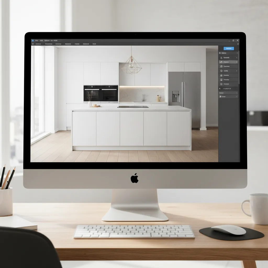 3D kitchen planner interface showing cabinets, island and appliances layout
