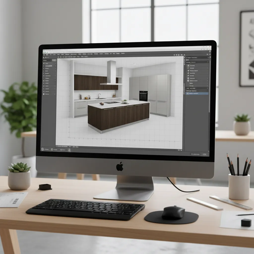 Kitchen design software interface showing cabinet layout planning