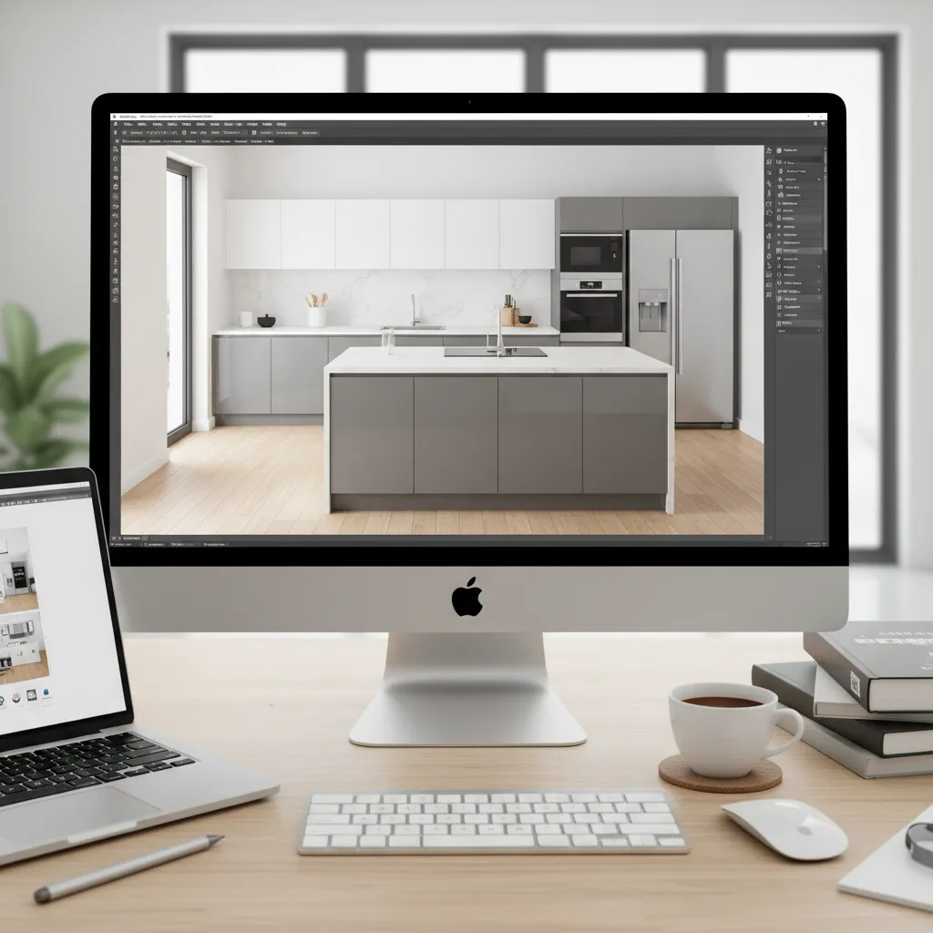 Digital kitchen layout visualization with cabinets appliances and floor plan planning