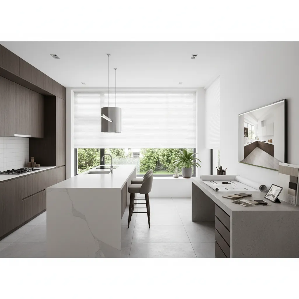 Planificación de cocina moderna con ventana y cortinas