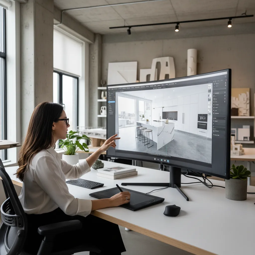 diseñador revisando planos de cocina en pantalla grande con modelo 3D