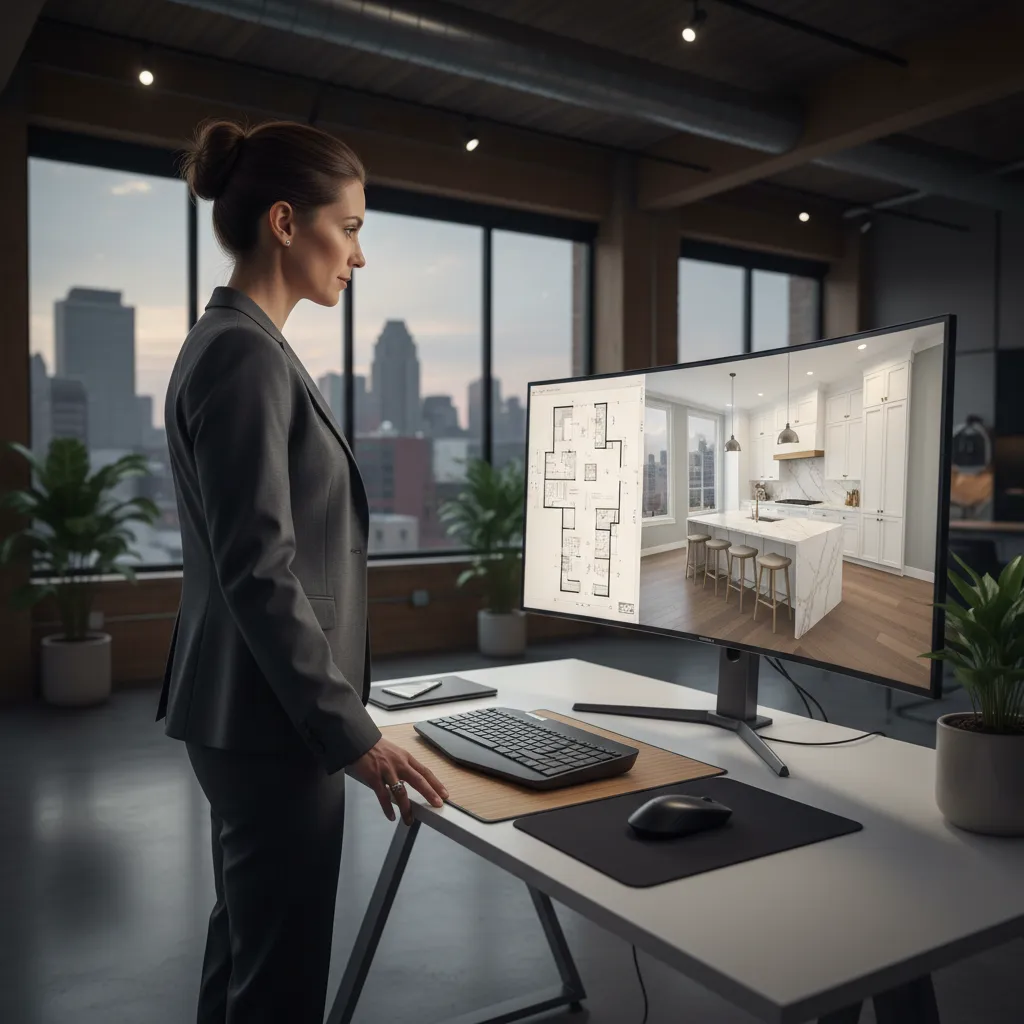 professional kitchen designer reviewing cabinet layout on large monitor