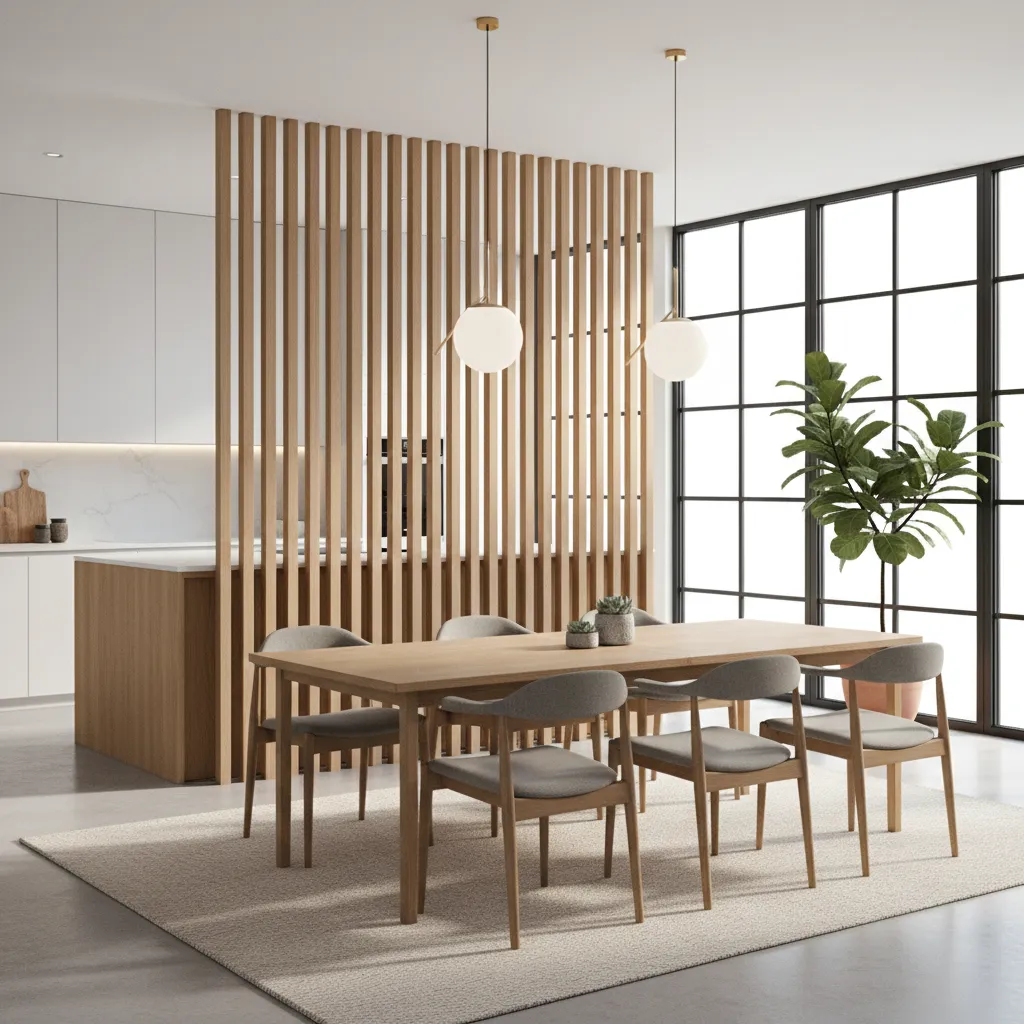 open plan kitchen and dining space with wooden slat partition divider