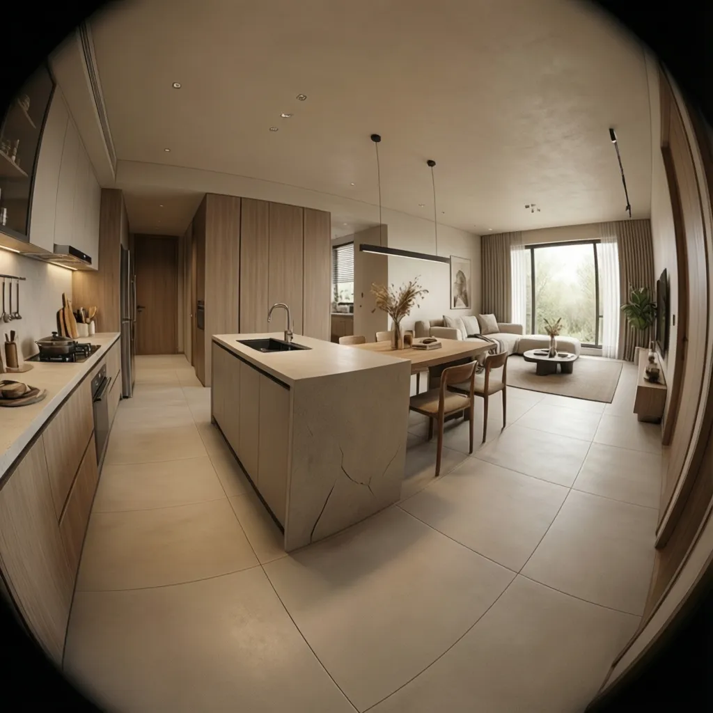 Open plan kitchen and dining area using 2x2 vitrified floor tiles