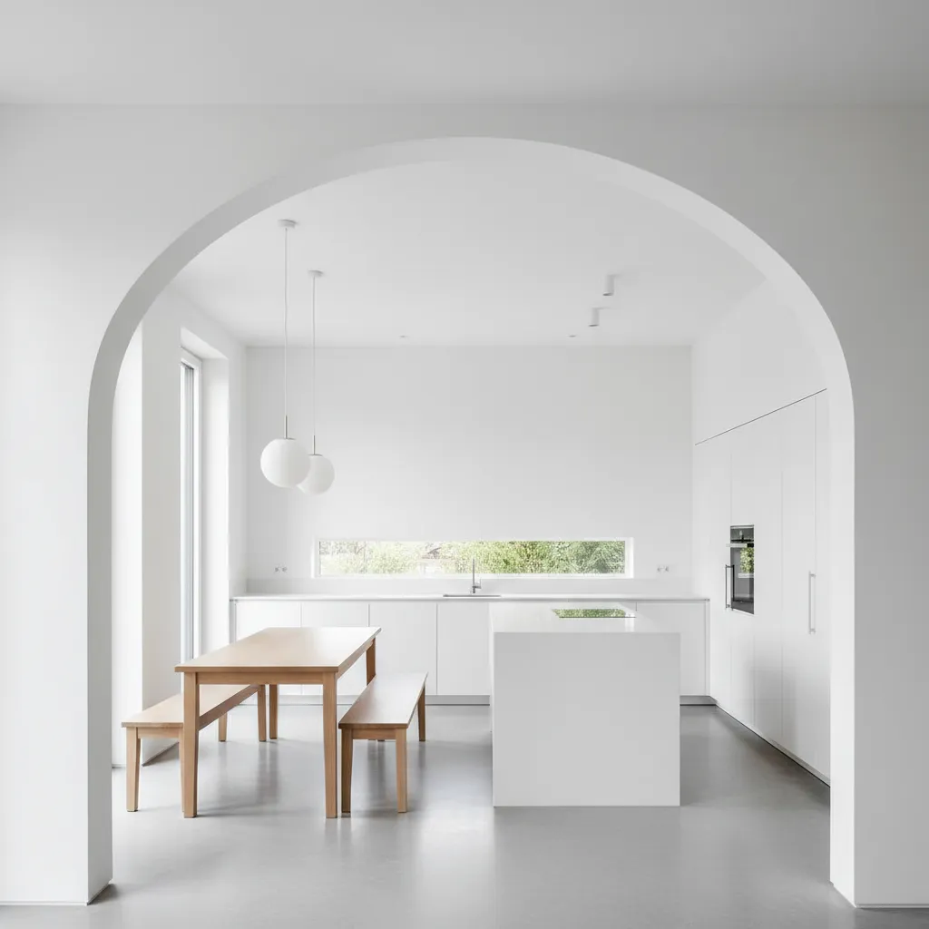 open kitchen and dining room connected by wide arch opening