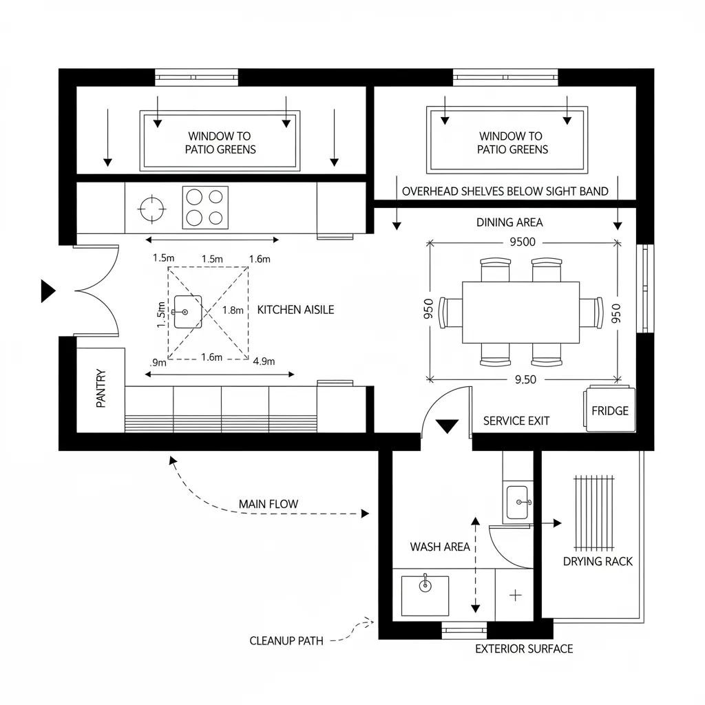 Top-down CAD plan of galley kitchen, dining area, and service yard with clear work triangle