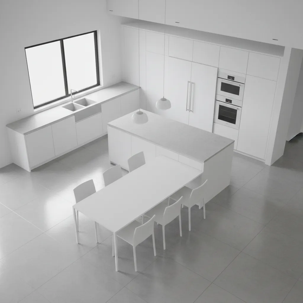 kitchen layout showing proper spacing around dining table in white cabinet kitchen