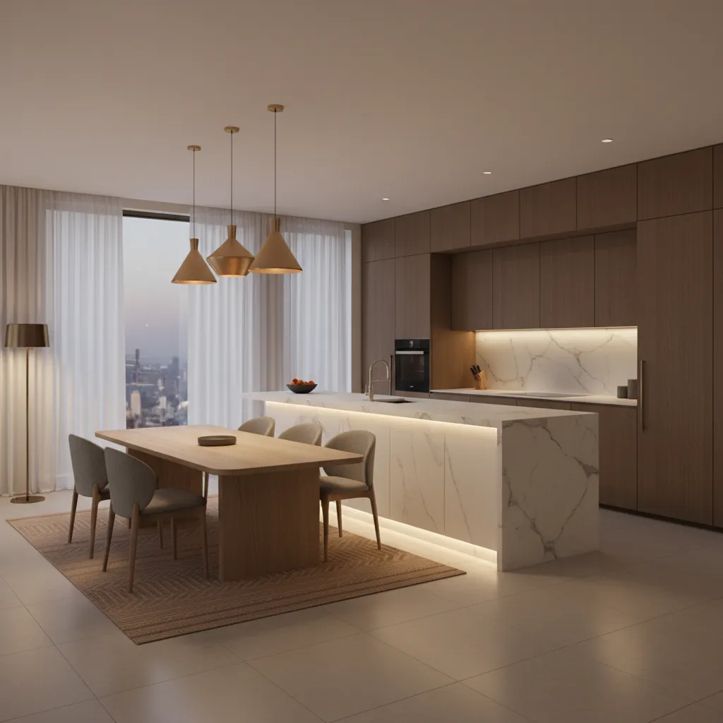 kitchen island separating cooking space and dining table in open layout
