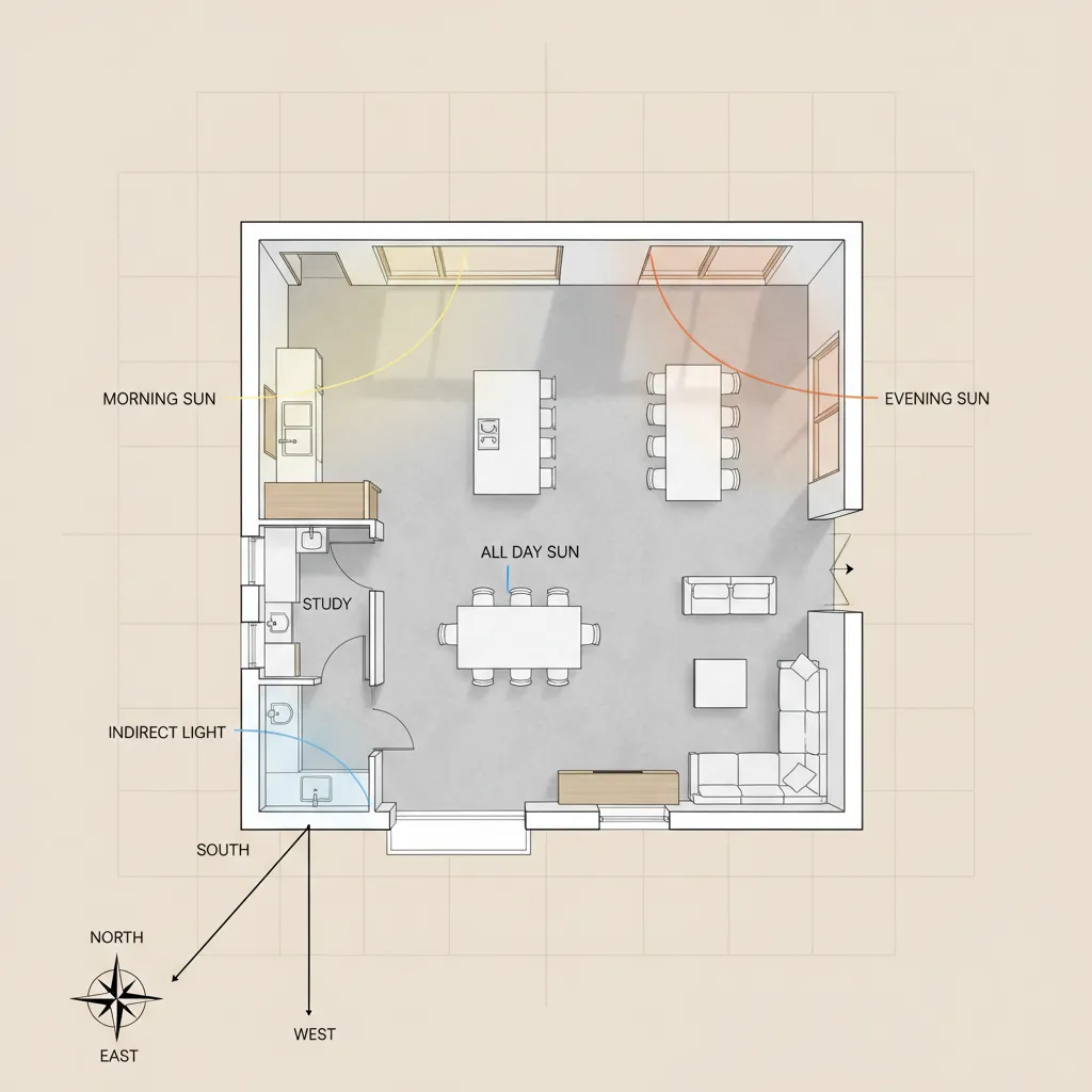 Home floor orientation diagram showing sunlight directions affecting kitchen placement