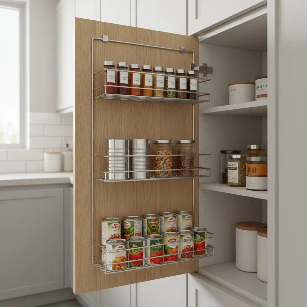 Open kitchen cabinet door with a three-tier metal rack holding spice jars and food cans
