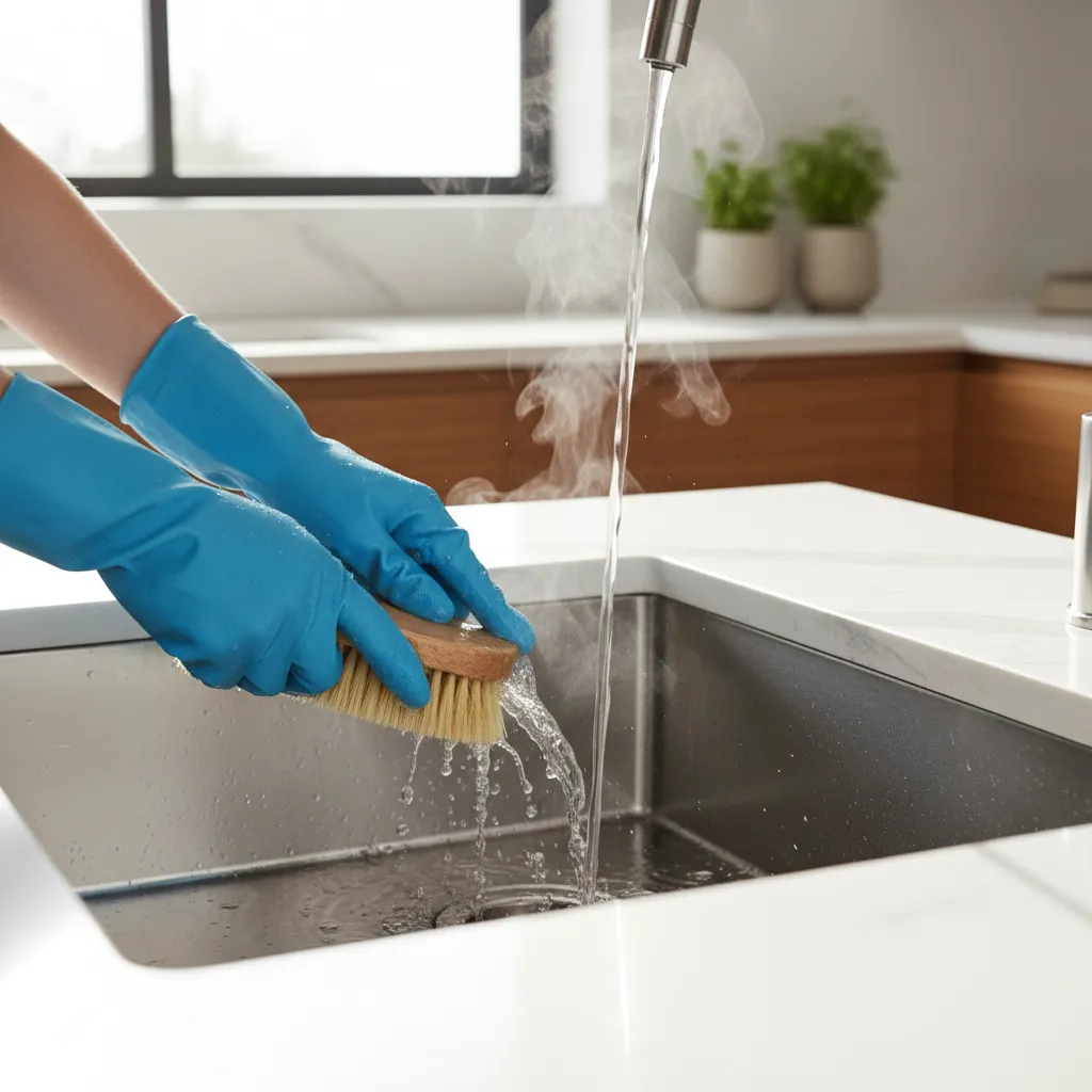 Cleaning a kitchen sink drain to remove buildup that causes flies