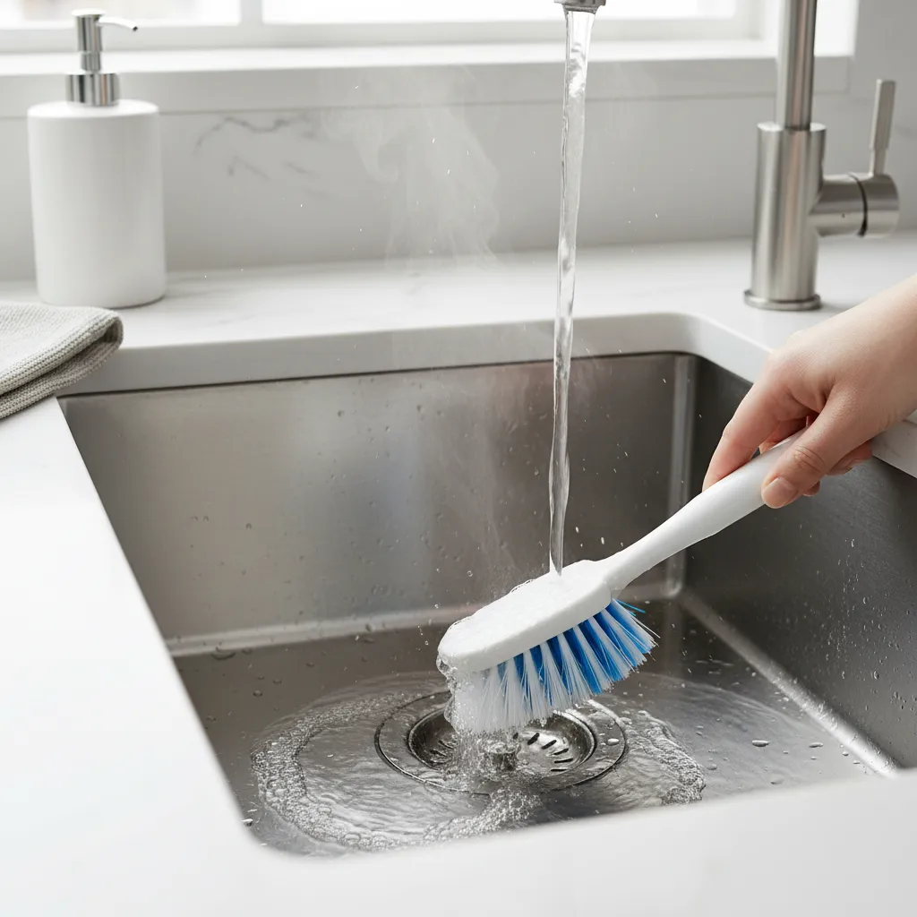 Hand holding a white brush cleaning a stainless steel kitchen sink under a running water tap