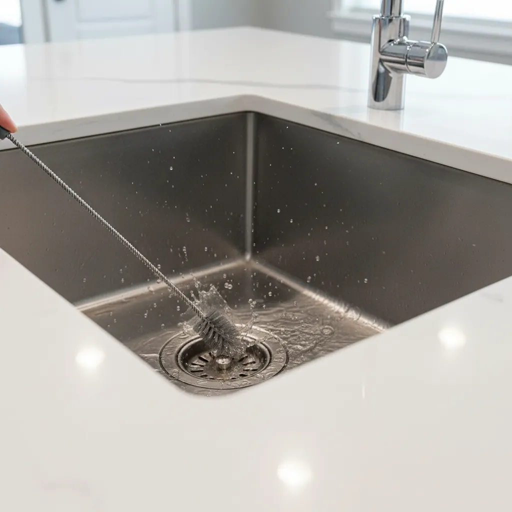 cleaning kitchen sink drain with brush to prevent drain flies