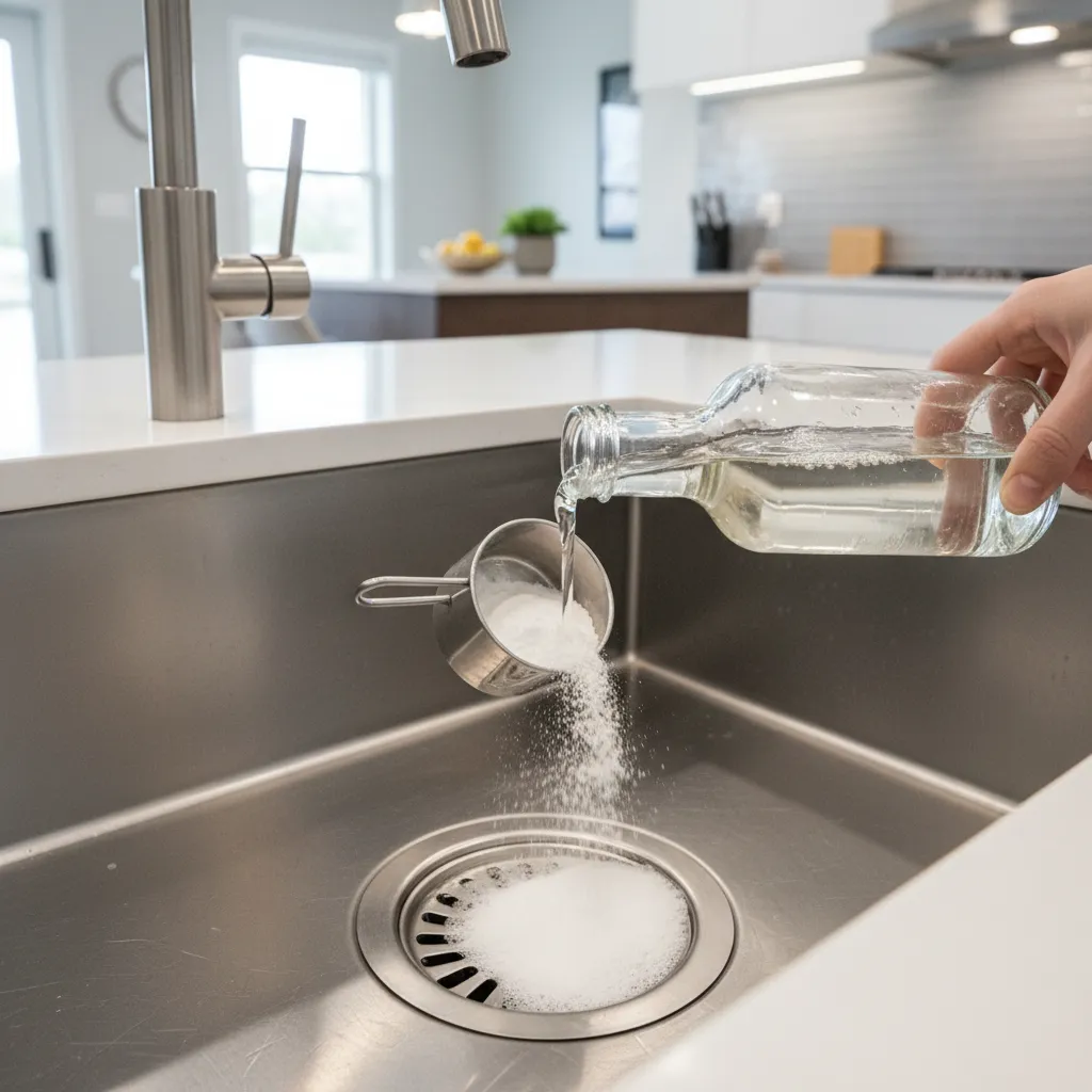 Pouring baking soda and vinegar into kitchen drain for cleaning
