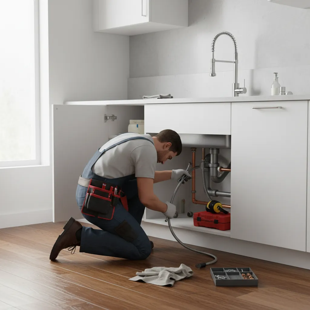 Professional plumber servicing clogged kitchen drain under sink with tools
