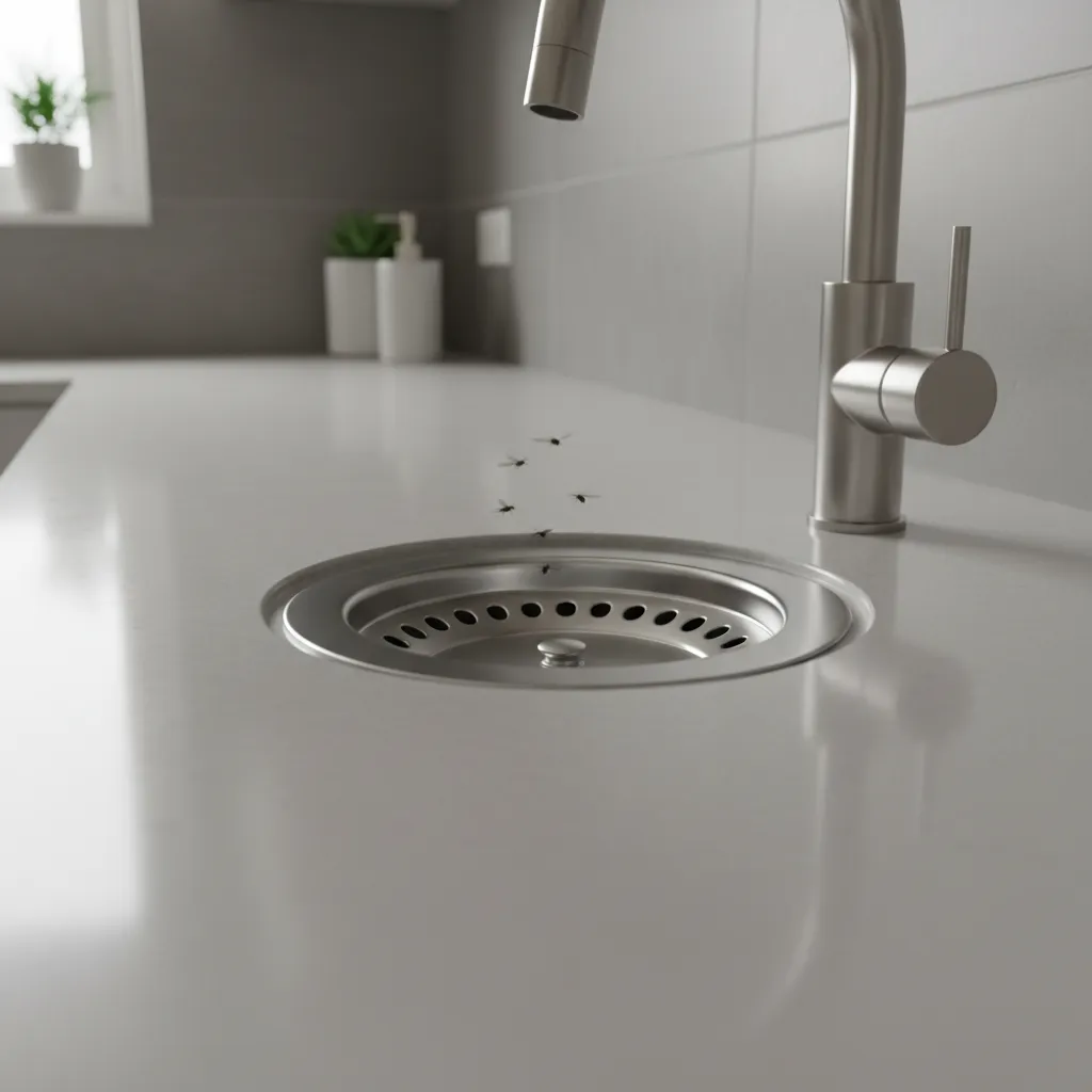 tiny drain flies hovering around a kitchen sink drain