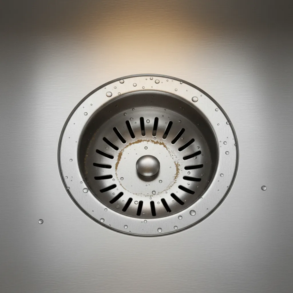 Close view of kitchen sink drain where fruit flies often breed