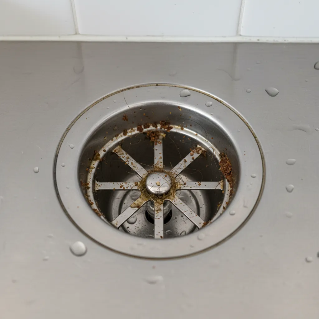 Kitchen sink drain buildup that can attract fly larvae