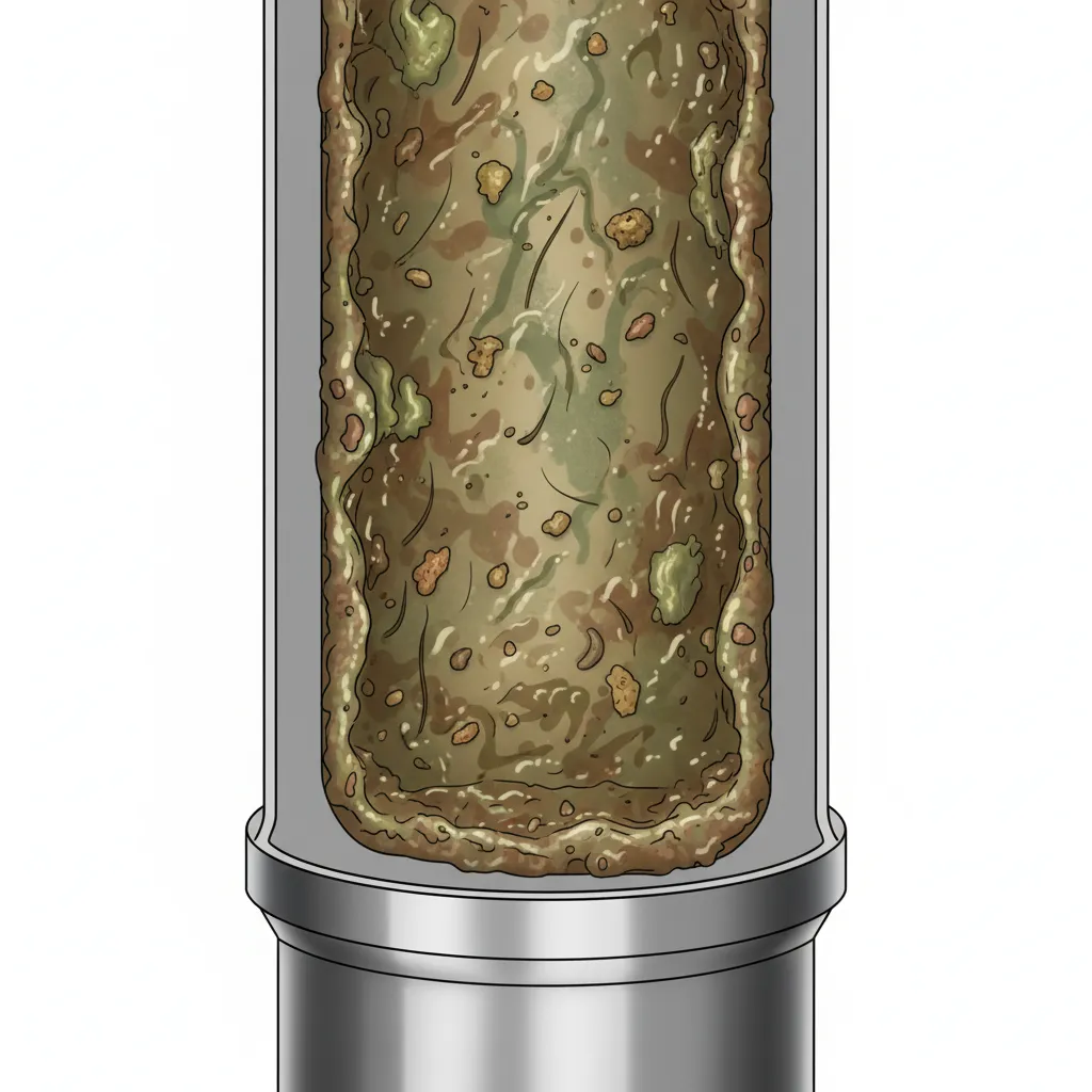 Cutaway illustration of kitchen drain pipe with organic buildup