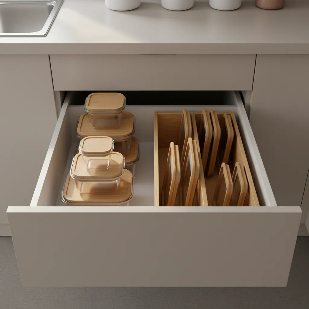 deep kitchen drawer organized with stacked glass containers and vertical lid dividers