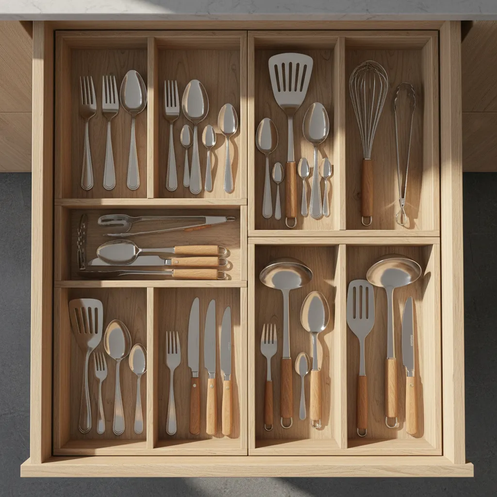 organized kitchen drawer with adjustable dividers separating utensils