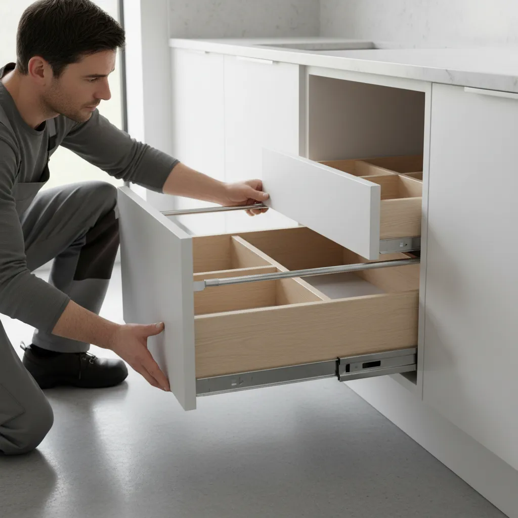 Aligning kitchen drawer slides while reinstalling drawer into cabinet