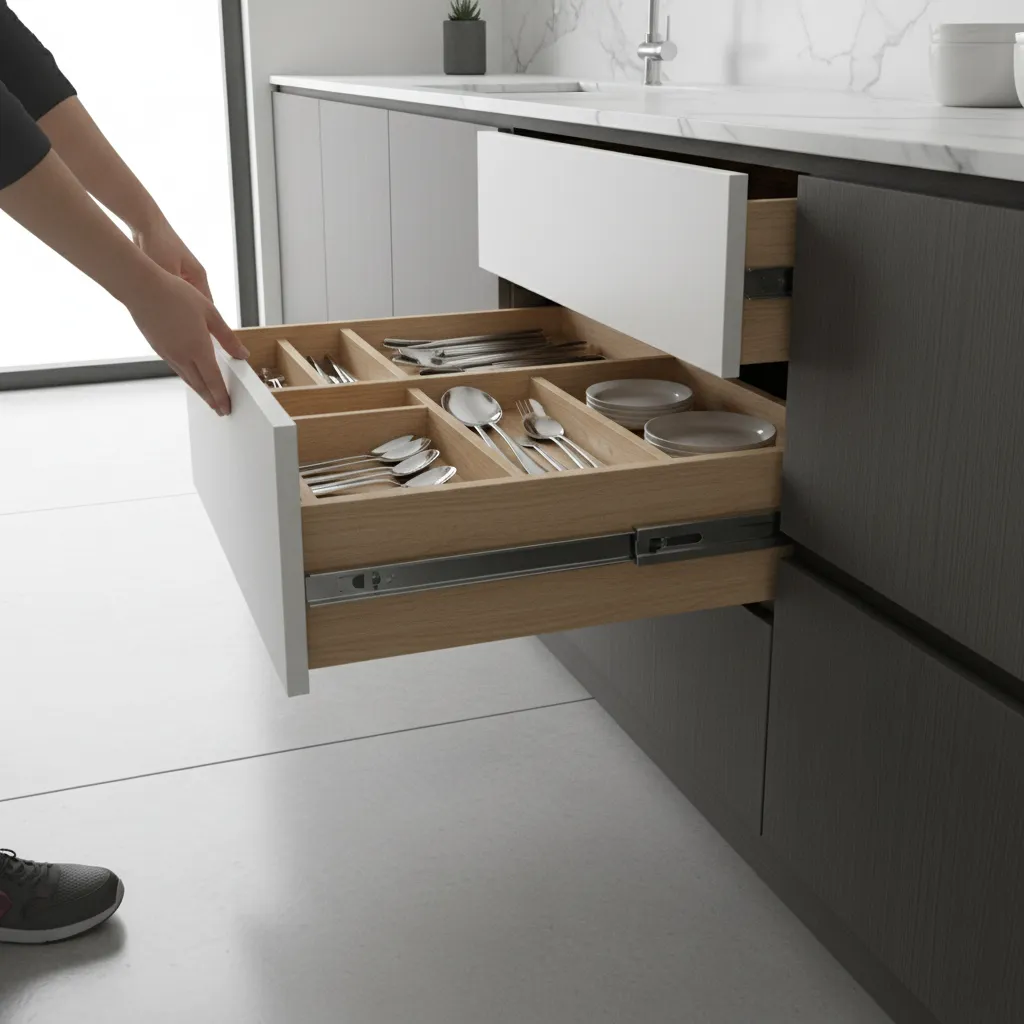 Kitchen drawer lifted and removed from cabinet rails