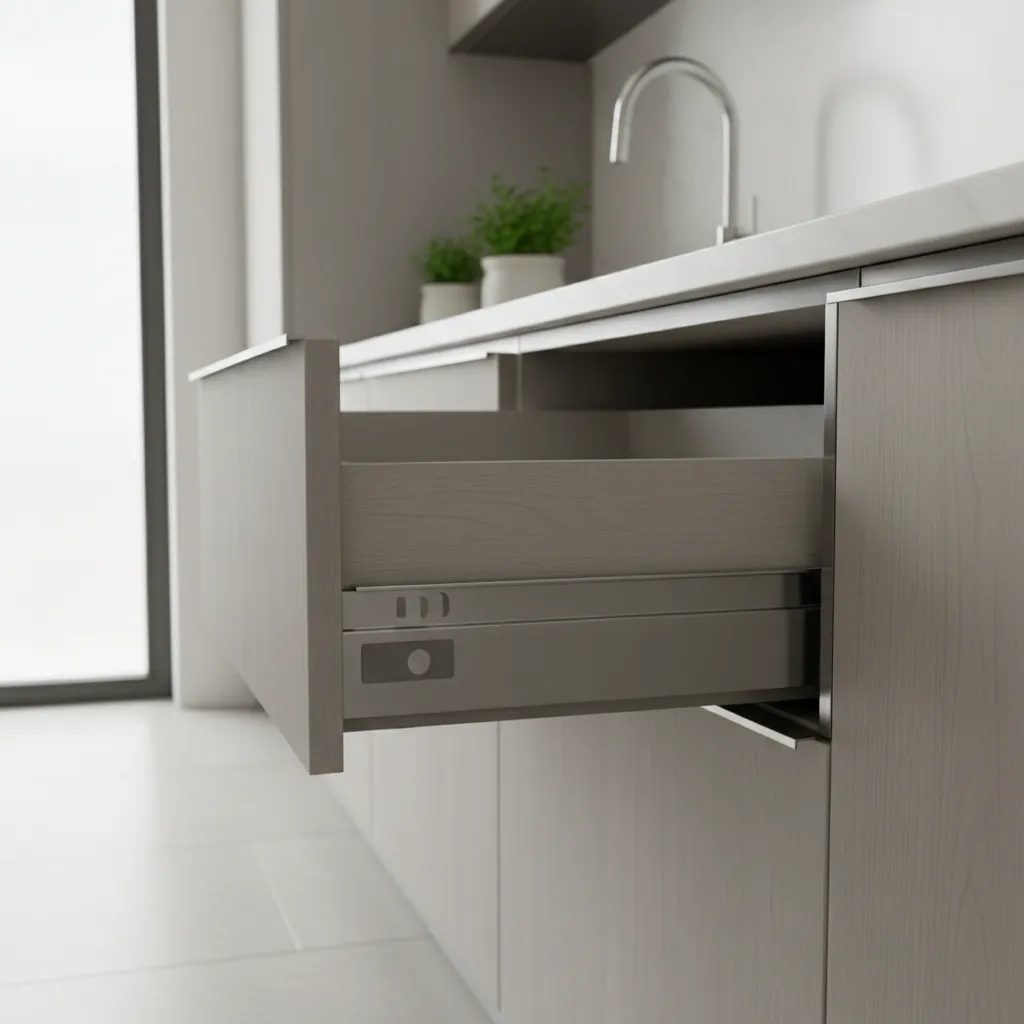 Open light wood kitchen drawer showing metal side glide mechanism under a white stone counter