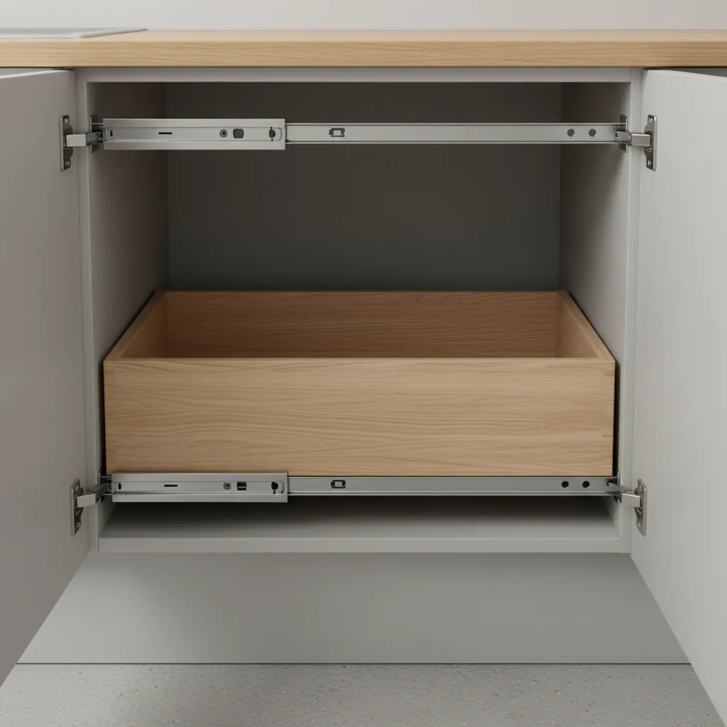 Kitchen drawer rails aligned with cabinet slide tracks