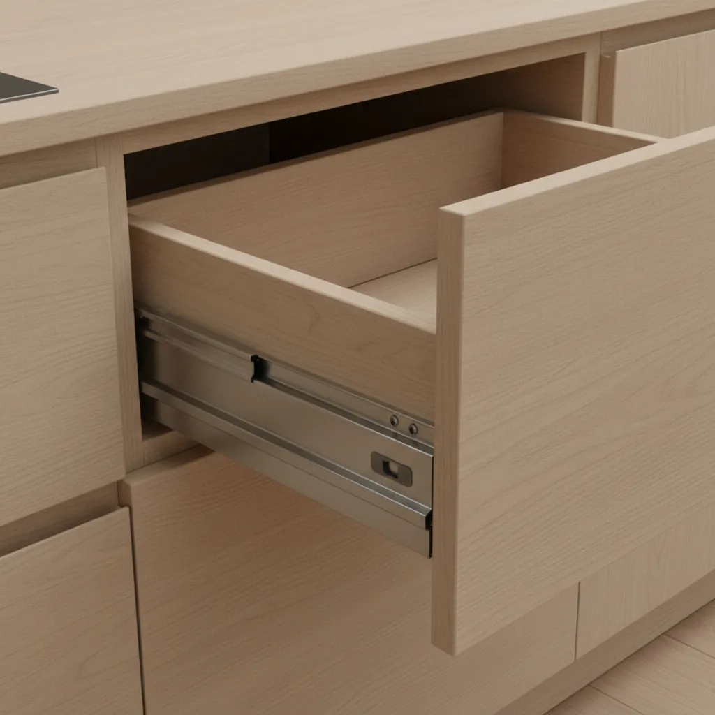 Close view of kitchen drawer slide mechanism inside cabinet