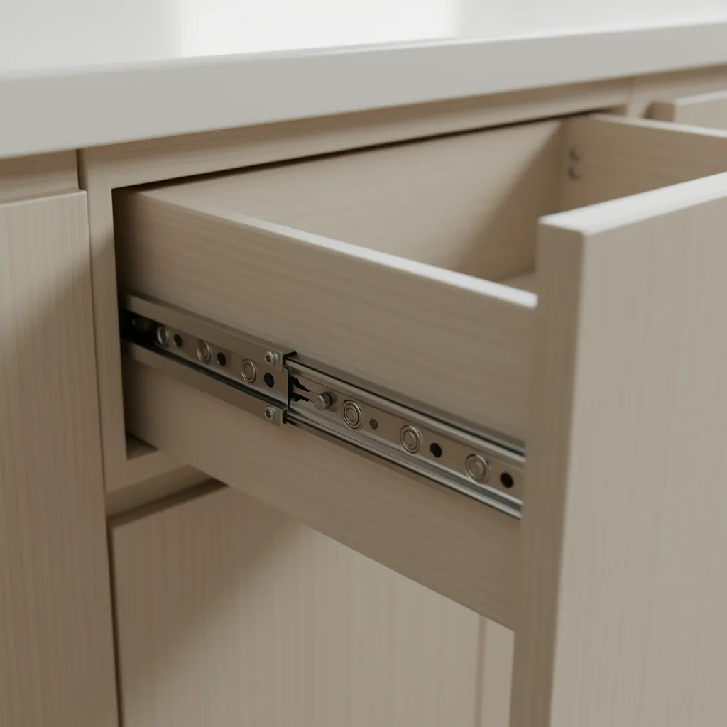 Close up of cabinet drawer slide mechanism inside a kitchen cabinet