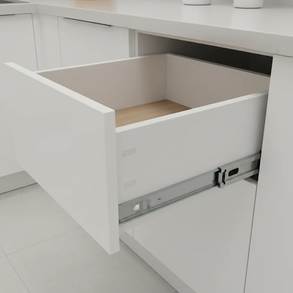 Kitchen cabinet drawer pulled out showing metal side slides
