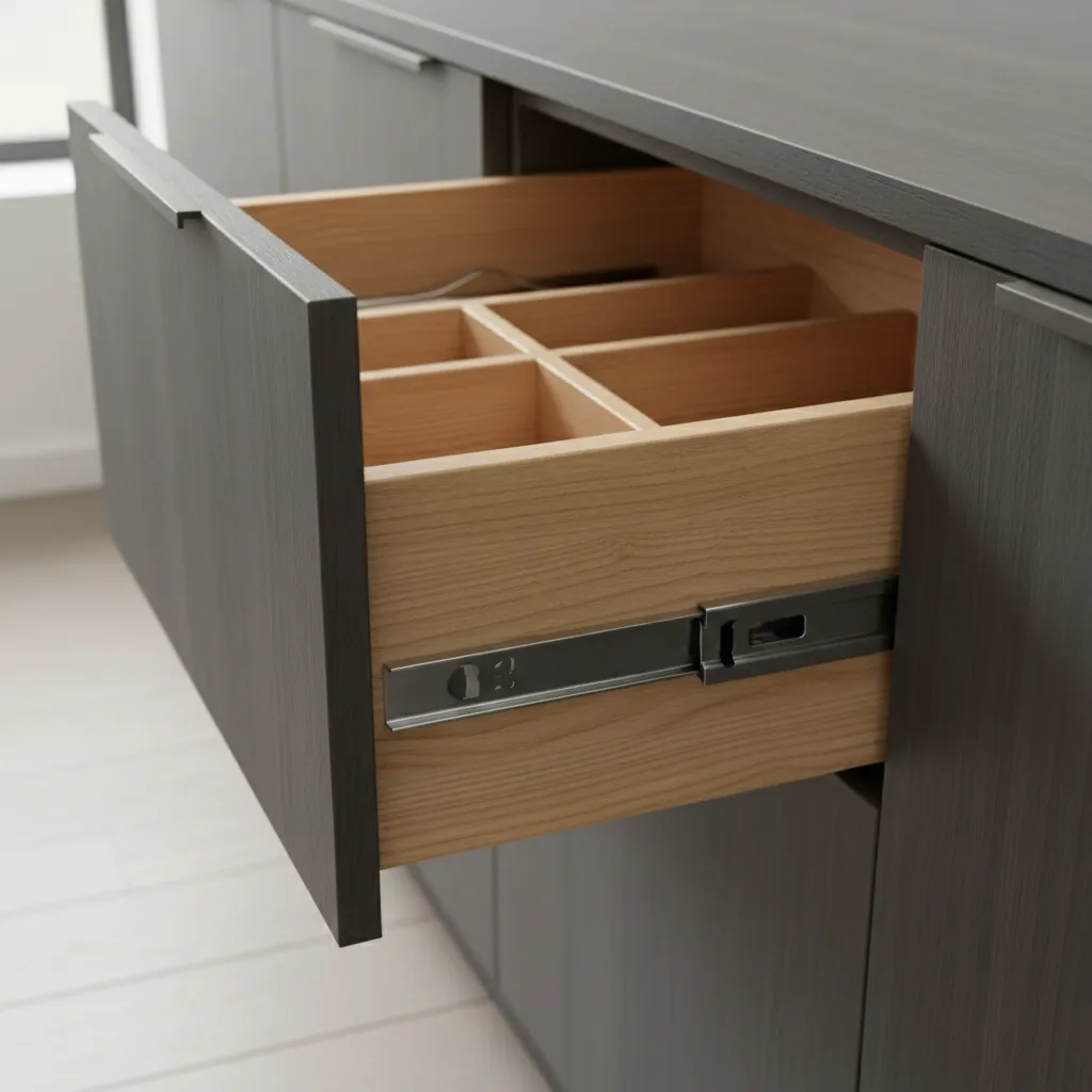 Kitchen cabinet drawer partially removed showing metal side mount drawer slides