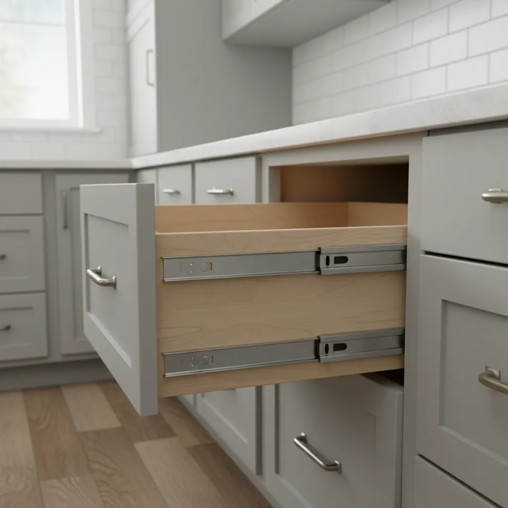 Kitchen drawer partially removed showing visible slide hardware types
