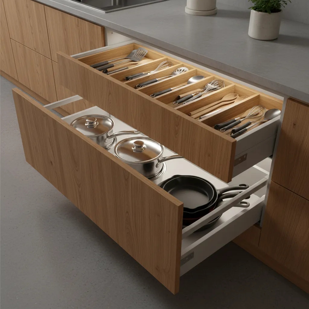 deep kitchen drawer storage system organizing pots pans and utensils