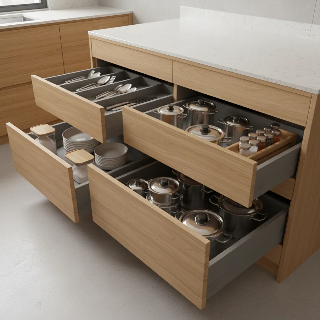 Base cabinet drawer system for pots utensils and kitchen tools