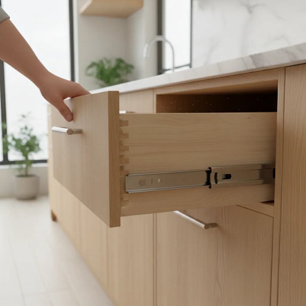 Kitchen drawer slightly lifted to remove from roller slides