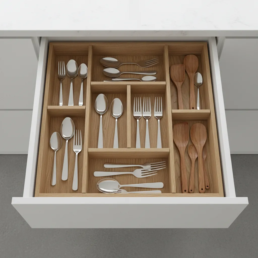 kitchen drawer with neatly divided utensil organizer sections