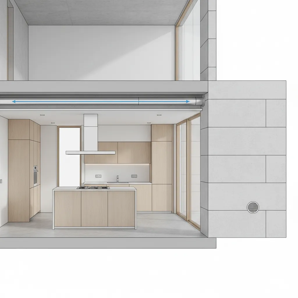 Kitchen ventilation duct layout showing short straight path to exterior wall