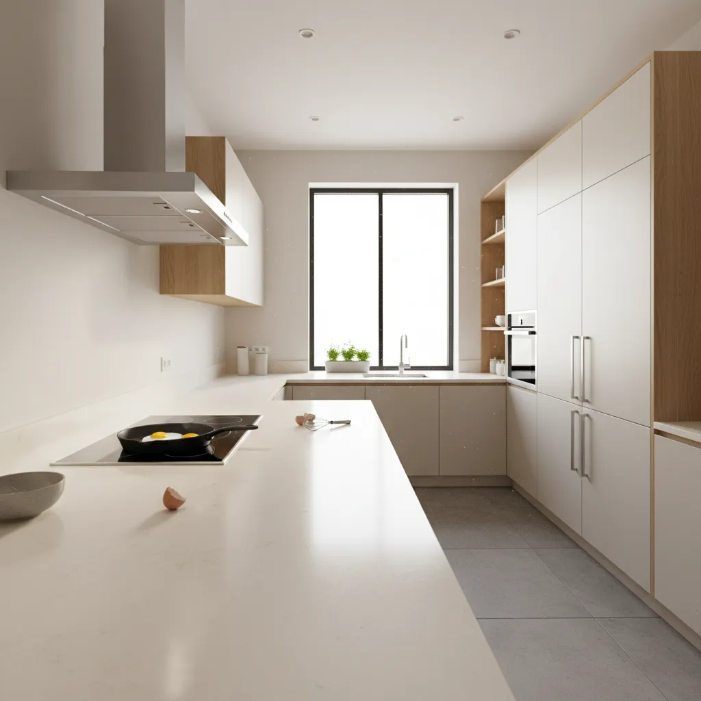 White modern kitchen with island showing a pan cooking two fried eggs on the stovetop