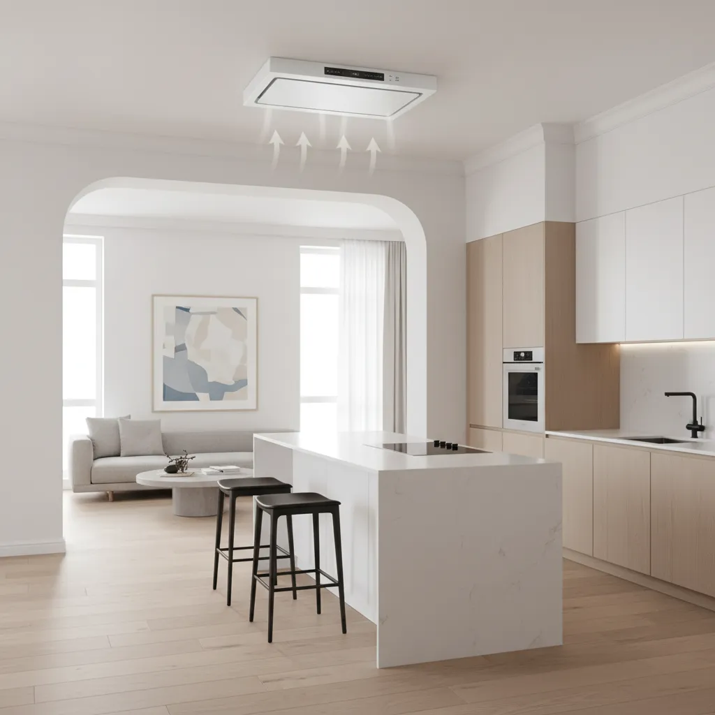 Wall fan above kitchen doorway preventing cooking smells spreading