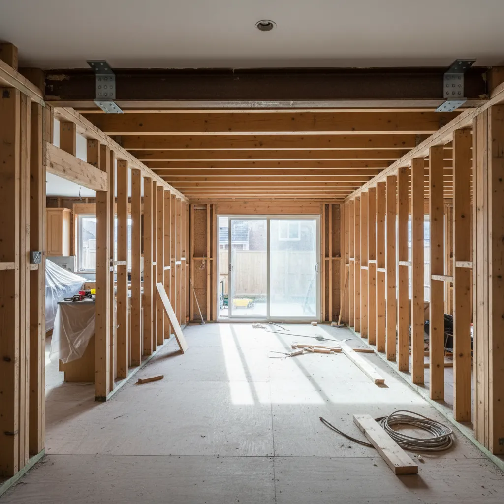 Kitchen extension construction showing structural beams and framing