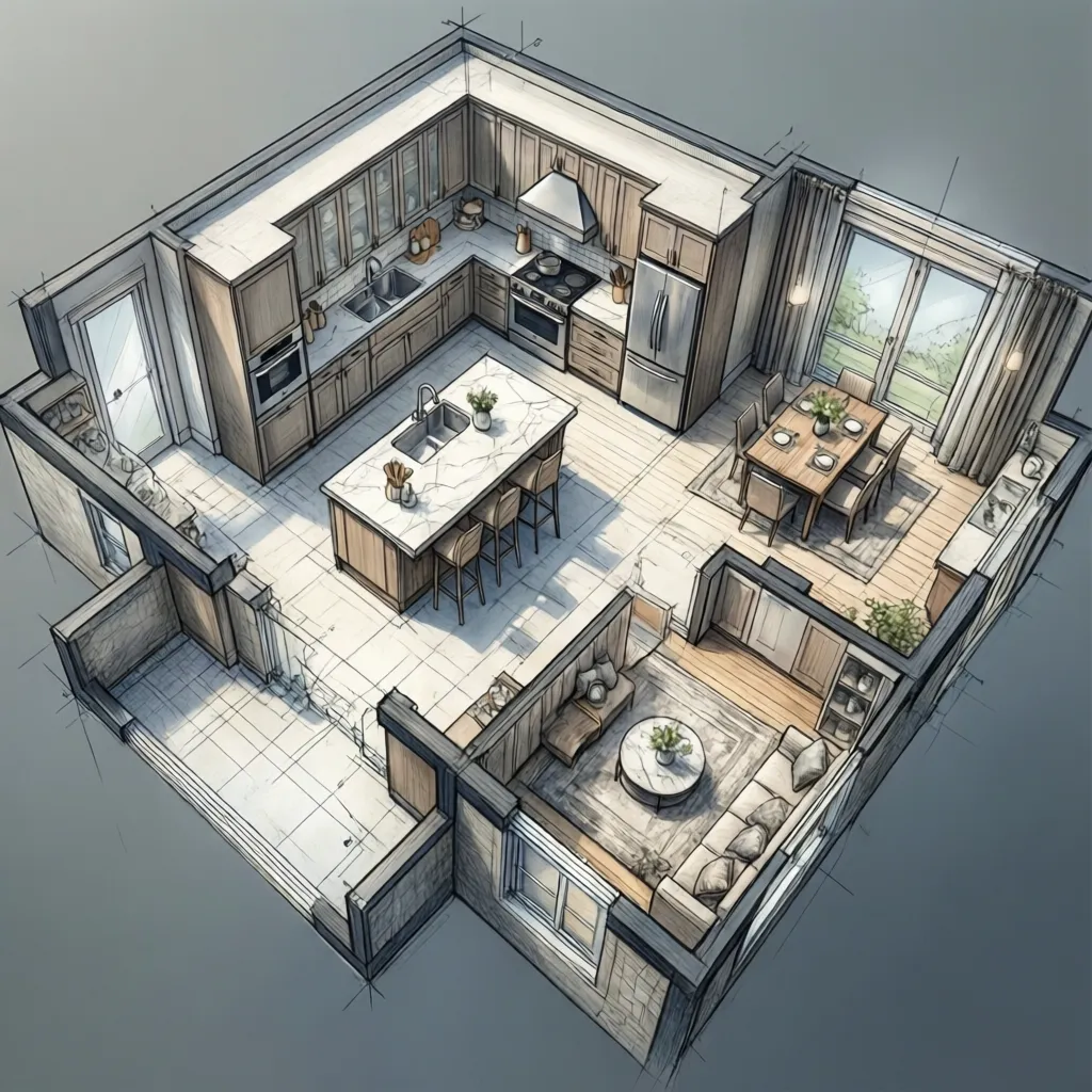 Architectural floor plan showing kitchen extension layout and island placement