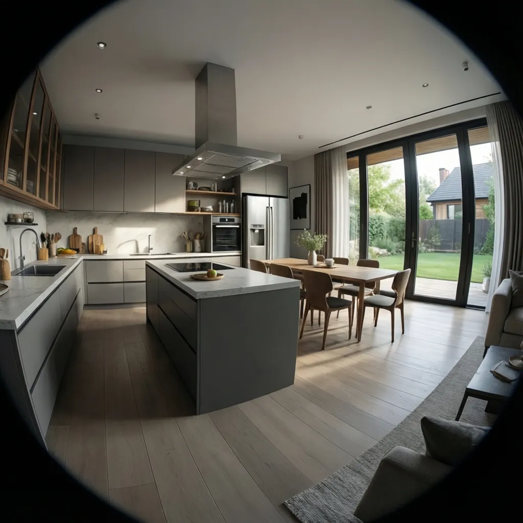 3d render visualization of a planned kitchen extension design