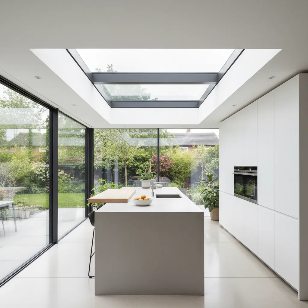 kitchen extension with roof skylights bringing natural light into the space