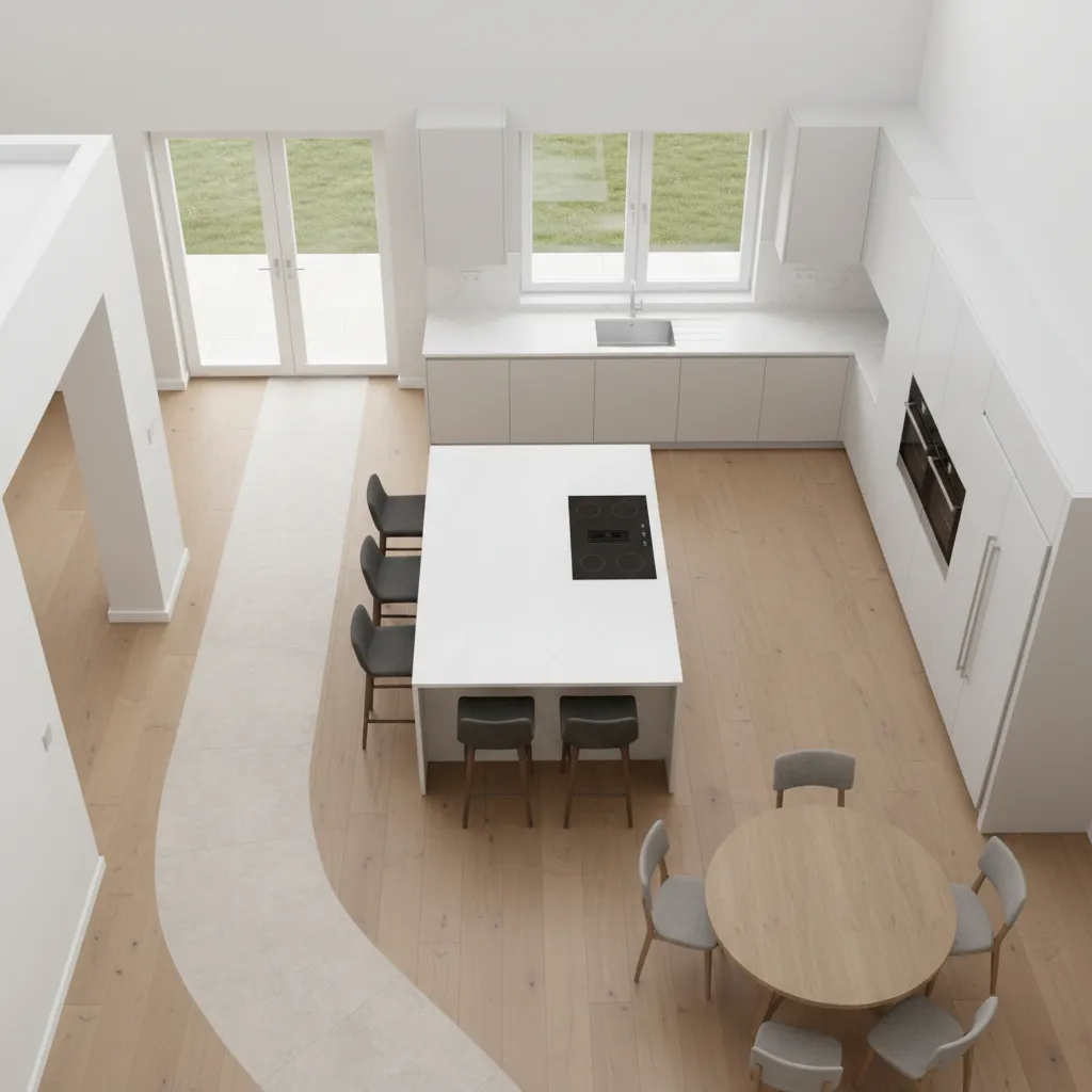 kitchen layout showing exterior door placement and circulation path