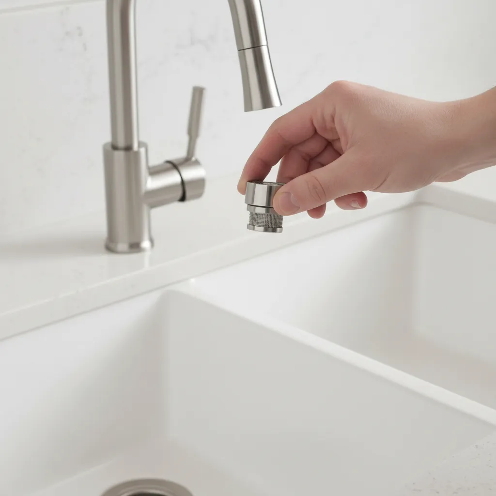 Close-up of a kitchen faucet aerator being installed