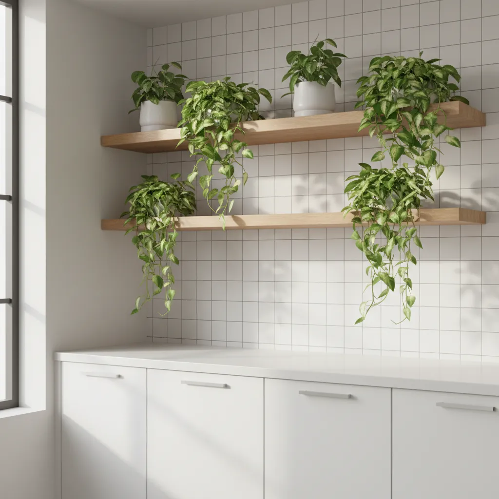 Floating kitchen shelves with trailing plants above backsplash